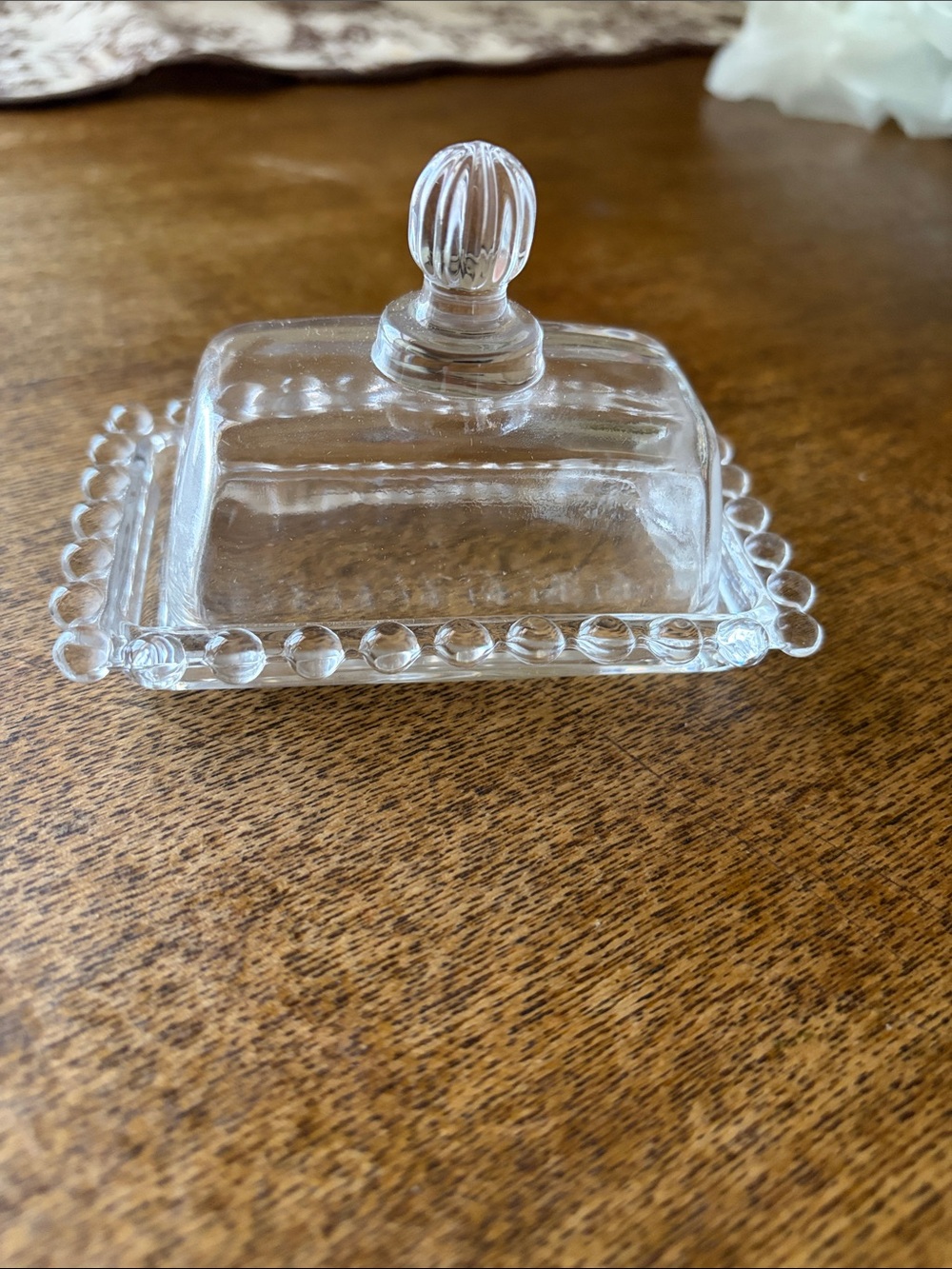 Clear Glass Vanity Butter Dish with Beaded Edge
